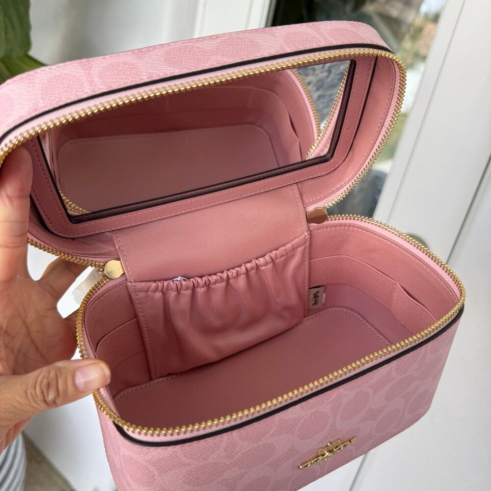 NWT Coach Cosmetic Case In Signature Canvas Gold/Powder Pink CEA56 - Picture 8 of 12
